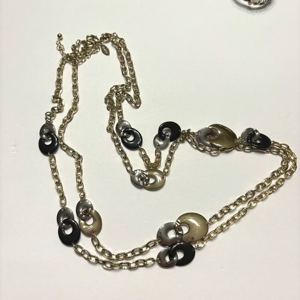 Chicos Women Two Tone Set of Necklaces Gold Silver Black Circle Rings Separable